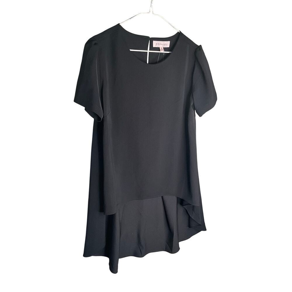 Philosophy High Low Top Short Sleeve Round Neck Pleated Back Black Womens Medium
